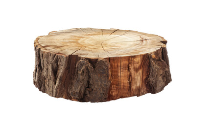 Wooden plate carved from tree trunk isolated on transparent background. Can be used like stand for...
