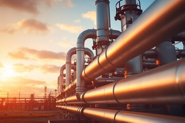 pipe line, industrial plant, oil refinery at sunset