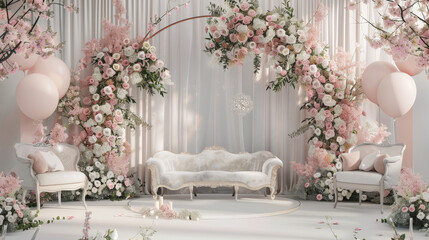 A delicate pink and white floral wedding arch, embodying romance and elegance, stands gracefully decorated for a magical ceremony.