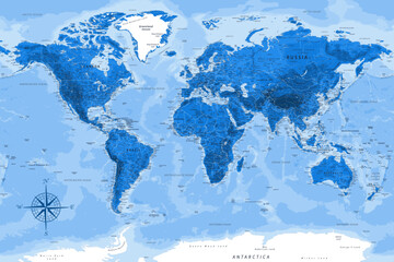 World Map - Highly Detailed Vector Map of the World. Ideally for the Print Posters. Deep Blue Colors. With Relief and Depth - obrazy, fototapety, plakaty