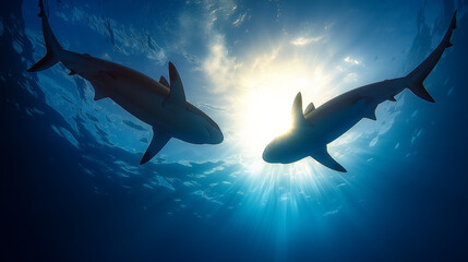 Shark Silhouette Swimming in Blue Ocean - obrazy, fototapety, plakaty