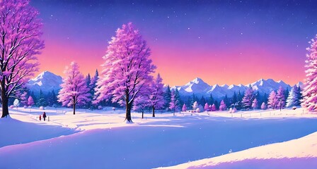 A winter landscape with snow covered trees and a pink sky in the background.
