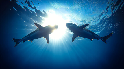 Shark Silhouette Swimming in Blue Ocean