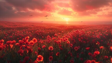 Fototapeta na wymiar Remembrance Day Sunset Tribute with Poppy Field and WW Planes: Lest We Forget