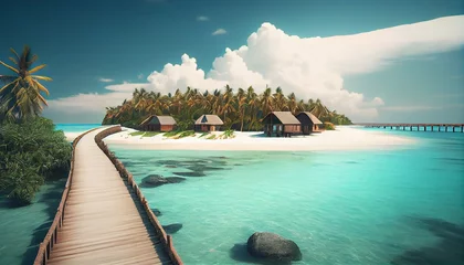 Foto op Canvas Maldives paradise island. Tropical landscape, coast seascape water bungalows villas with amazing sea lagoon beach. Exotic tourism destination summer vacation of minimalist background, Ai generated © Trendy Three