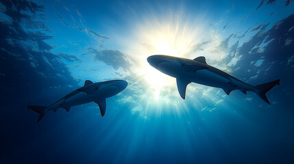 Shark Silhouette Swimming in Blue Ocean
