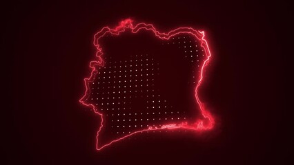 3D Moving Neon Red Ivory Coast Map Borders Outline Loop Background