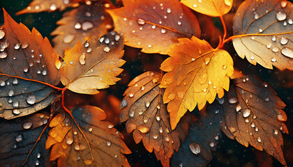 Autumn leaves with water drops, colorful seasonal background, fall