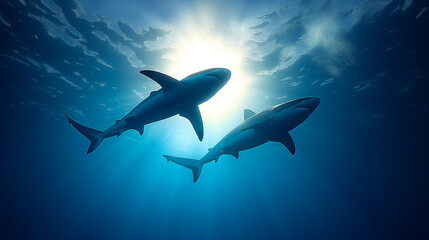Fototapeta premium Shark Silhouette Swimming in Blue Ocean