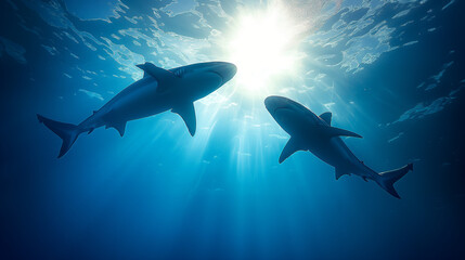 Obraz premium Shark Silhouette Swimming in Blue Ocean