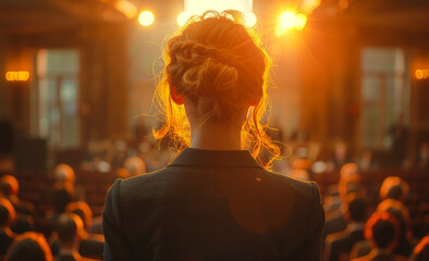 A woman stands in front of a crowd of people, her hair pulled back in a bun. The scene is set in a large auditorium, with many people seated in rows of chairs.