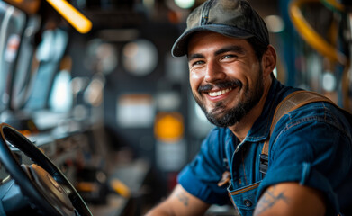 A smiling man in a blue shirt and hat is sitting in the driver's seat of a truck