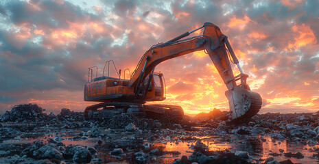A Caterpillar excavator is digging in the dirt. The sky is orange and the sun is setting - obrazy, fototapety, plakaty