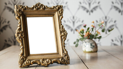 A vintage gold frame decorated with intricate designs, surrounding a transparent center to insert a picture. This elegant frame sits on a light colored wooden surface.