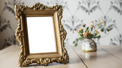 A vintage gold frame decorated with intricate designs, surrounding a transparent center to insert a picture. This elegant frame sits on a light colored wooden surface.