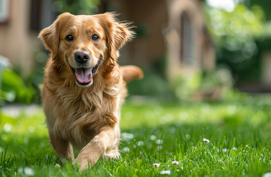 A happy golden retriever running through a grassy yard. The dog is smiling and he is enjoying itself
