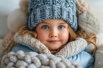 A young girl dressed in a blue hat and scarf