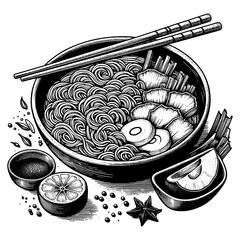 Asian Ramen noodle soup in a bowl with chopsticks, accompanied by various seasonings sketch engraving generative ai PNG illustration. Scratch board imitation. Black and white image.