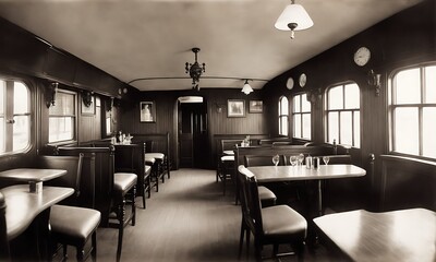 A dining car with tables and chairs. - obrazy, fototapety, plakaty