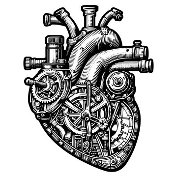 recommend clip art: heart with intricate steampunk gears and mechanical components. Sketch engraving generative ai PNG illustration. Scratch board imitation. Black and white image.