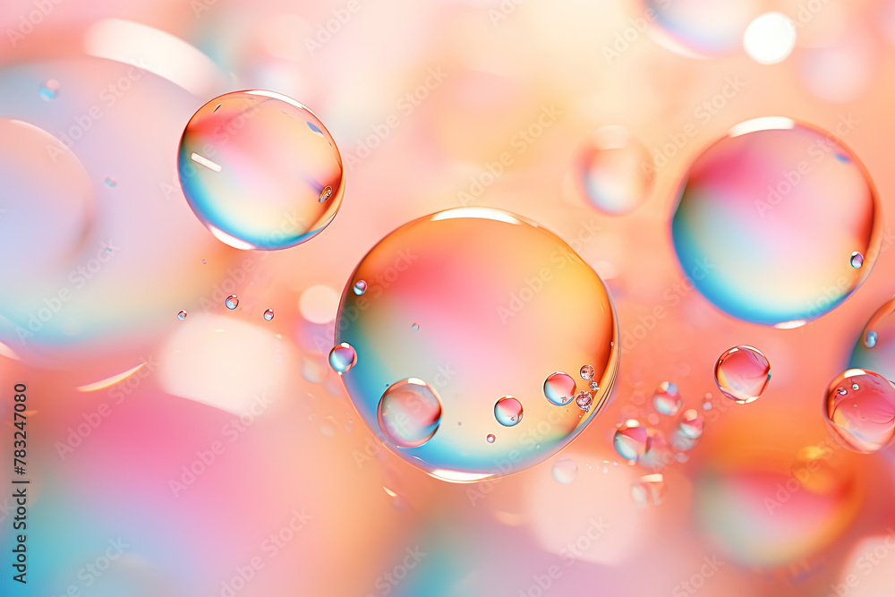 Poster pink holographic bubbles floating on the soft colorful abstract background in beautiful vivid tones.