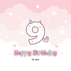 Ninth birthday greeting card with cute unicorn number