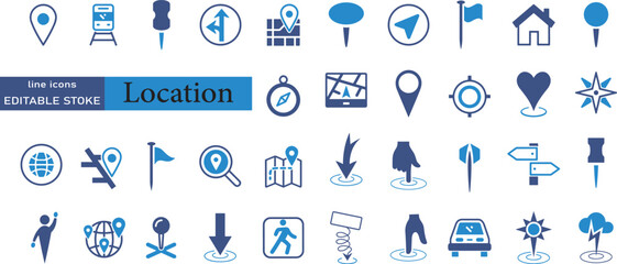 Fototapeta na wymiar Location icon set. Containing map, map pin, gps, destination, directions, distance, place, navigation and address icons. Solid icons vector collection