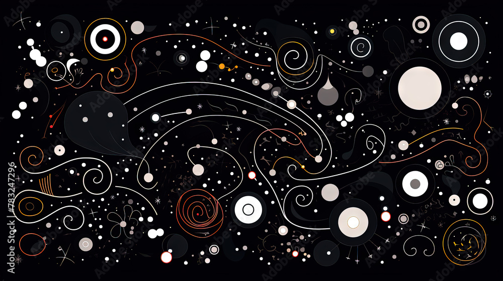 Poster geometric abstract background with black dots, circles and lines.