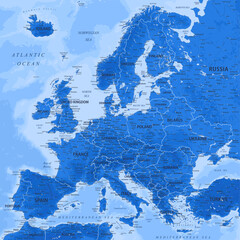 Europe - Highly Detailed Vector Map of the Europe. Ideally for the Print Posters. Blue Grey Colors. Relief Topographic and Depth