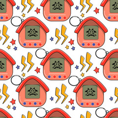 Cute seamless pattern with 80s 90s electronic elements  in modern flat style. Trendy pattern of tamagotchi for wrapping paper, wallpaper, stickers, notebook cover.