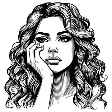 pensive thoughtful woman with flowing hair and a hand on her face sketch engraving generative ai fictional character PNG illustration. Scratch board imitation. Black and white image.