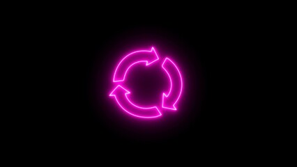 Outline neon recycling icon. Pink neon recycling arrow. Glowing neon recycling circle sign with isolated arrow on black background.