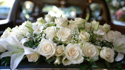 White Roses and Lilies in Hearse at Funeral - A somber scene captured with beauty and respect.