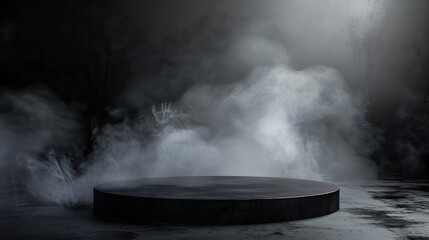 
black podium black smoke product platform background abstract stage fog texture empty spotlight
