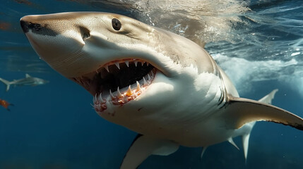 Fototapeta premium Great White Shark Swimming in the Deep Blue Caribbean Waters