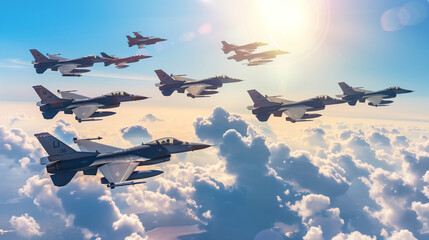 Squadron of Fighter Jets in Formation Flight Against Bright Sky, AI Generation