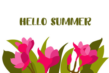Bright summer banner with tropical flowers. Horizontal poster, website, greeting card.