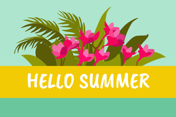 Bright summer banner with tropical flowers. Horizontal poster, website, greeting card.