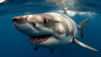 Great White Shark Swimming in the Deep Blue Caribbean Waters