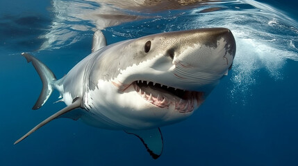 Fototapeta premium Great White Shark Swimming in the Deep Blue Caribbean Waters