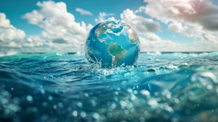 A picture of a globe in the ocean with clouds in the background world oceans day concept