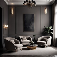 Luxury living room in dark color. Gray walls, warm light and lounge furniture - taupe chairs. Empty space for art or picture. Rich interior design. Mockup of a lounge room or hall reception. 3d render