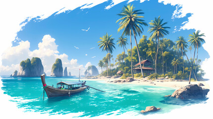 Tropical island with palm trees and longtail boat. Vector illustration - obrazy, fototapety, plakaty