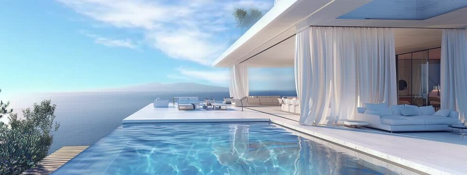 modern white infinity pool with sheer curtains, overlooking the sea.
