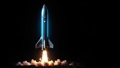 Illustrative representation of a simple isolated glossy metallic rocket that is starting and taking off 