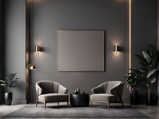 Luxury living room in dark color. Gray walls, warm light and lounge furniture - taupe chairs. Empty space for art or picture. Rich interior design. Mockup of a lounge room or hall reception. 3d render