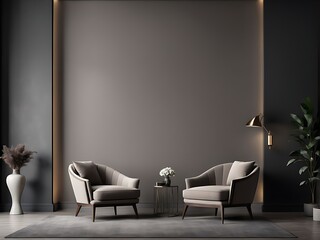 Luxury living room in dark color. Gray walls, warm light and lounge furniture - taupe chairs. Empty space for art or picture. Rich interior design. Mockup of a lounge room or hall reception. 3d render