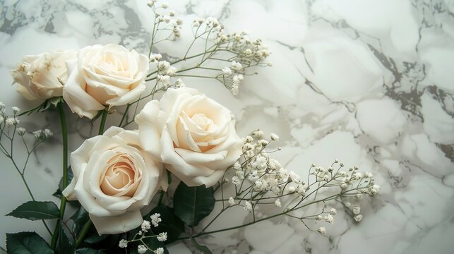 Serene White Rose Bouquet on Marble Background - Funeral Floral Tribute or Cemetery Remembrance Concept