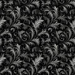 Black and white seamless pattern with classic foliage ornament. Seamless texture background.