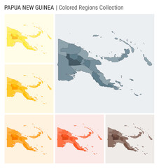 Papua New Guinea map collection. Country shape with colored regions. Blue Grey, Yellow, Amber, Orange, Deep Orange, Brown color palettes.